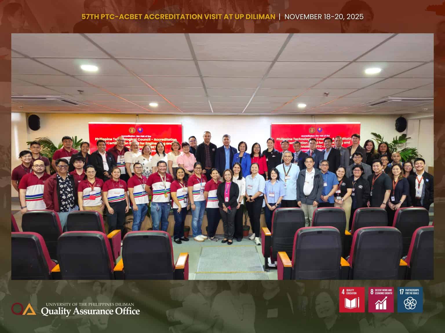 The PTC-ACBET program evaluation team posed for a group photo with the UP Diliman administration, the College of Engineering executive board, and the SSR teams and support staff of DGE, EEEI, and ICE.