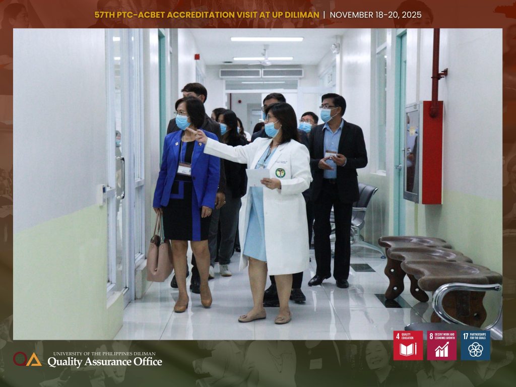 The UPD QAO organized and accompanied the PTC-ACBET program evaluation team on a tour of the university’s shared facilities such as the University Health Service, College of Engineering Library, and Office of Counseling and Guidance.