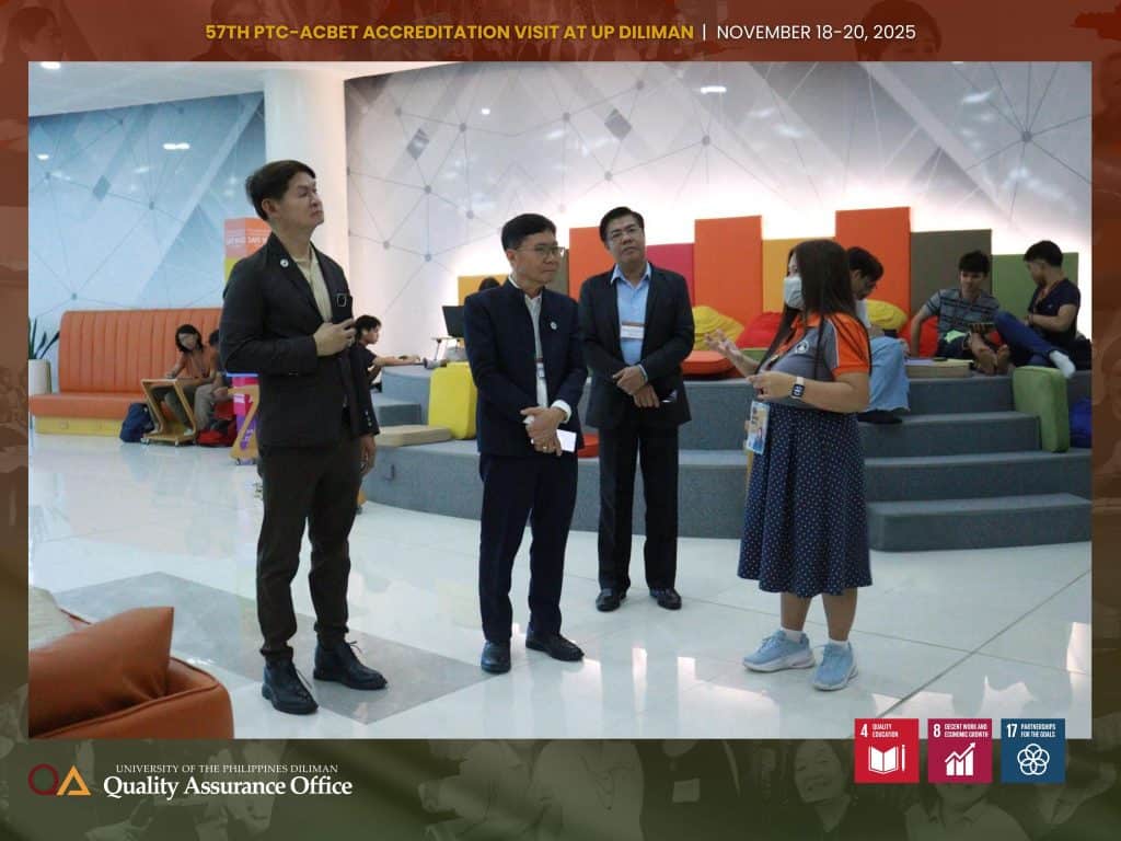 The UPD QAO organized and accompanied the PTC-ACBET program evaluation team on a tour of the university’s shared facilities such as the University Health Service, College of Engineering Library, and Office of Counseling and Guidance.