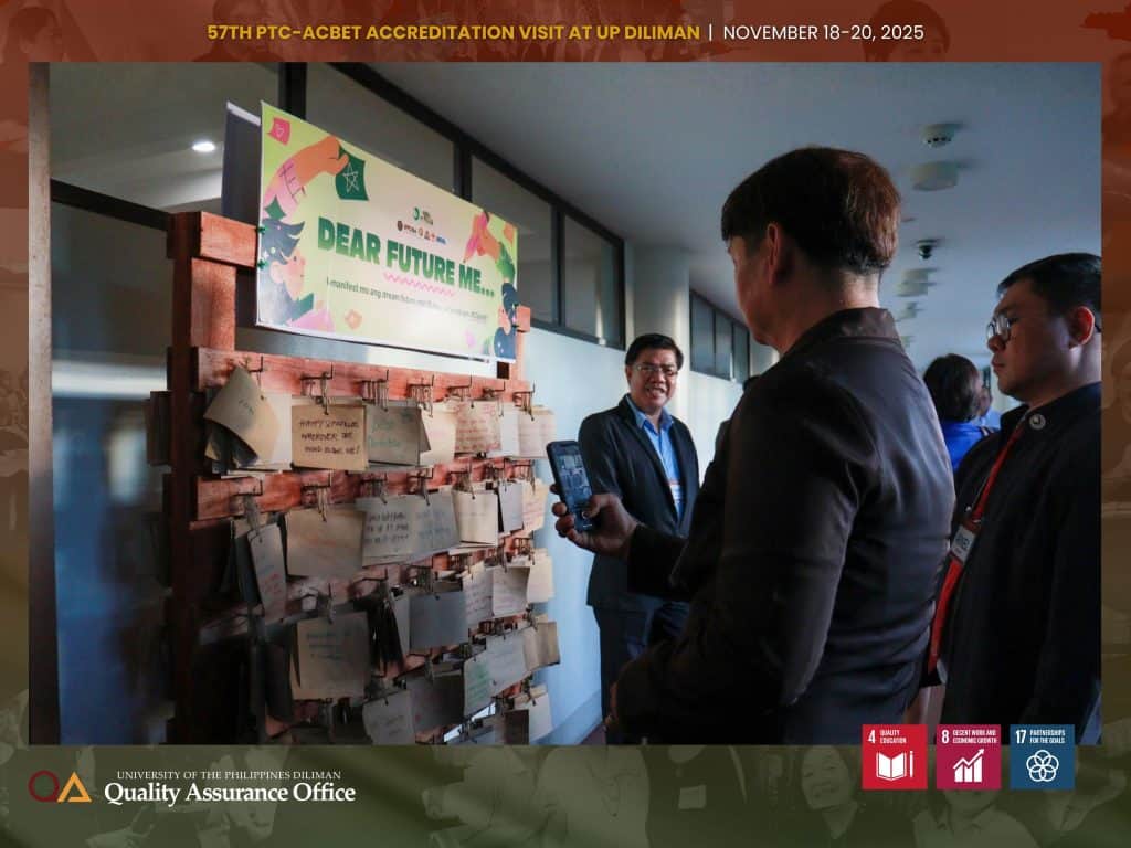 The UPD QAO organized and accompanied the PTC-ACBET program evaluation team on a tour of the university’s shared facilities such as the University Health Service, College of Engineering Library, and Office of Counseling and Guidance.