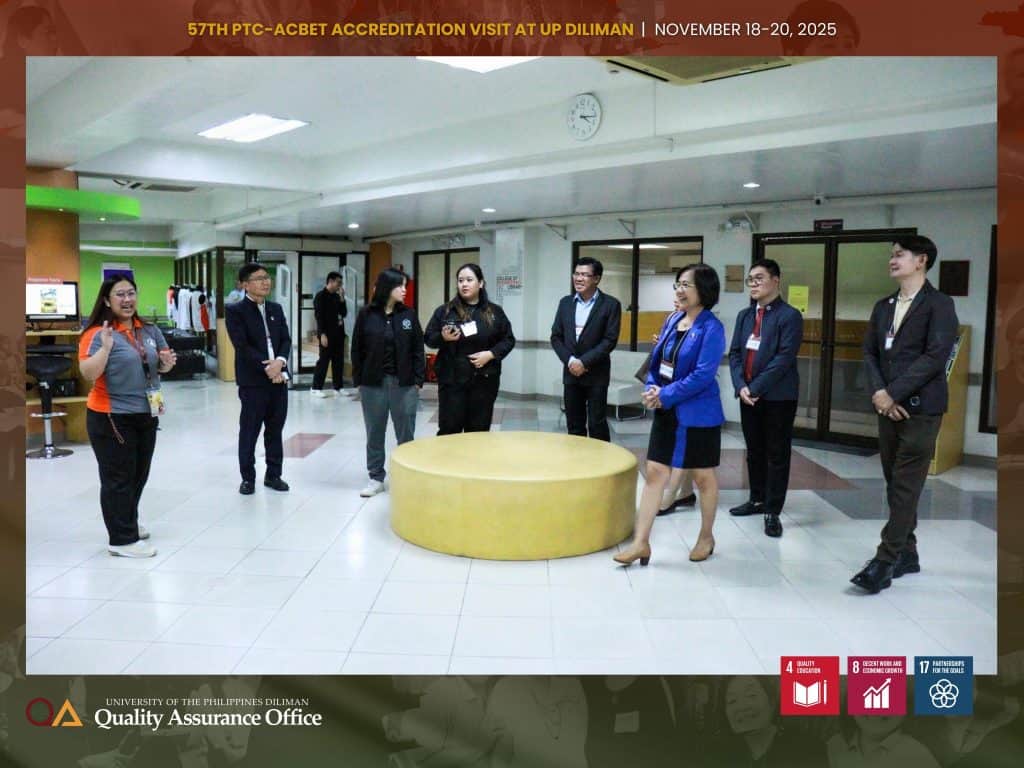 The UPD QAO organized and accompanied the PTC-ACBET program evaluation team on a tour of the university’s shared facilities such as the University Health Service, College of Engineering Library, and Office of Counseling and Guidance.