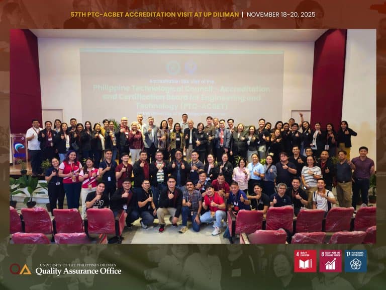 The College of Engineering administration, SSR teams, faculty members and support staff of DGE, EEEI, and ICE posed for a group photo with the PTC-ACBET delegation and UP officials, including AVP Alyssa M. Peleo-Alampay, UP Diliman Chancellor…