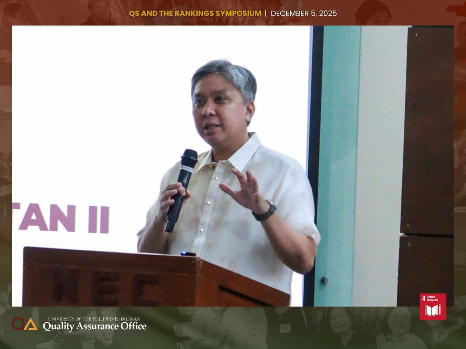 UP Diliman Chancellor Edgardo Carlo L. Vistan delivered the opening remarks during the QS & THE University Rankings Symposium at the UP National Engineering Center Audio-Visual Room (AVR)