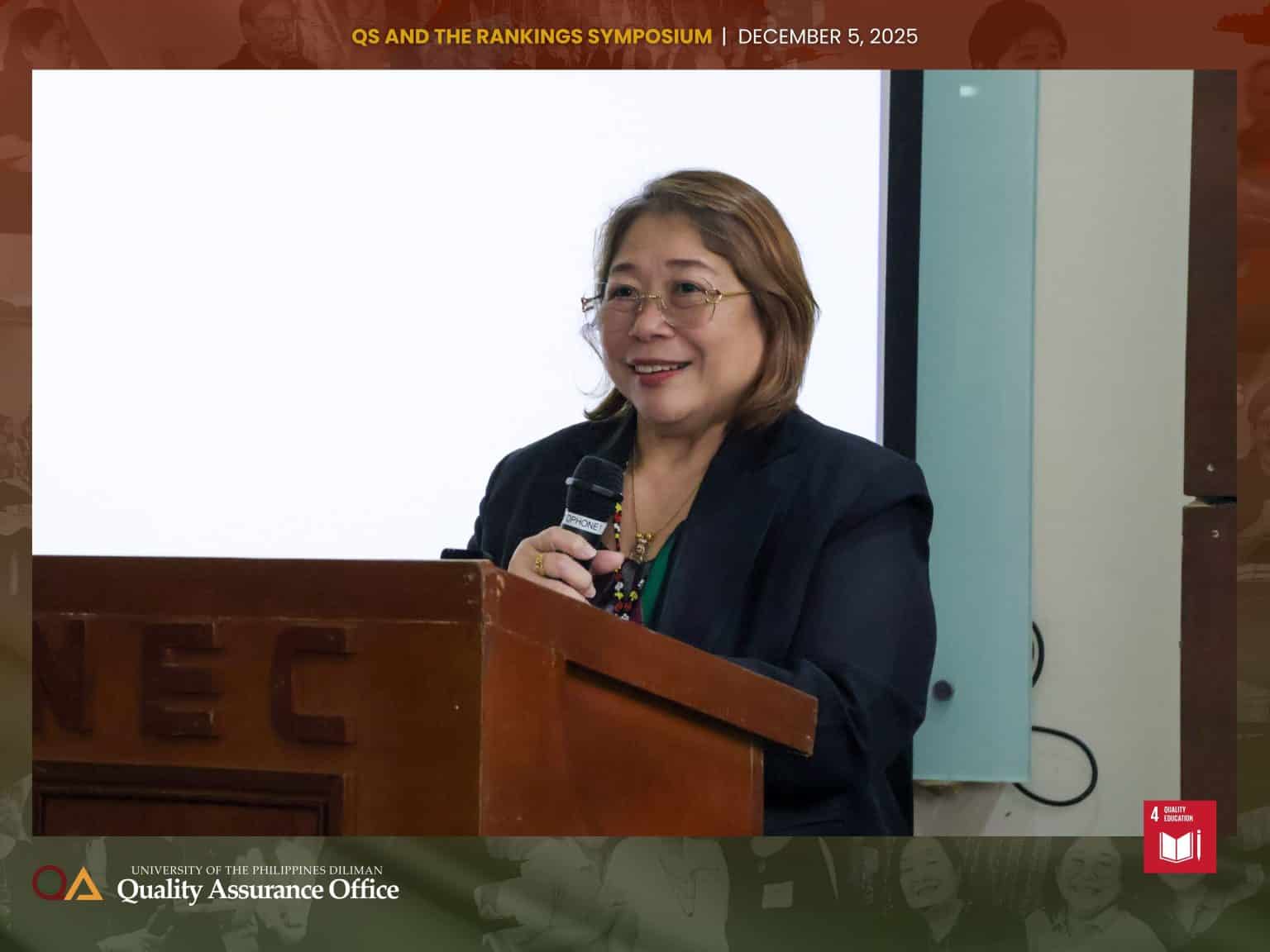Dr. Aura C. Matias, Director of the UP Diliman Quality Assurance Office, presents the role of QS and THE Rankings in the University
