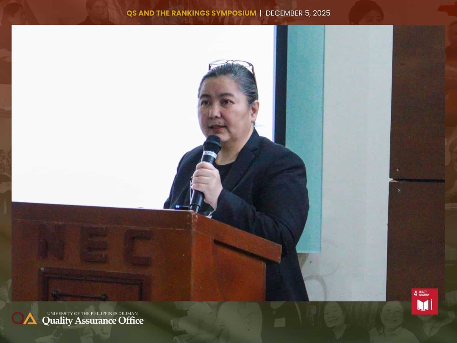 Prof. Evangeline C. Amor, Faculty-in-Charge of the Performance Monitoring Team, highlights the importance of coordinated systems and shared understanding during the Symposium