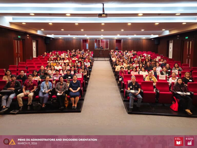 Participants from all 32 Delivery Units of UP Diliman gather for a group photo during the PBMS Administrators and Encoders Orientation