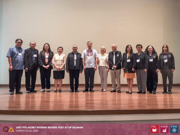 Members of the 61st PTC-ACBET program evaluation team posed for a group photo with Chancellor Edgardo Carlo L. Vistan, COE Dean Maria Antonia N. Tanchuling, and QAO Director Evangeline C. Amor.