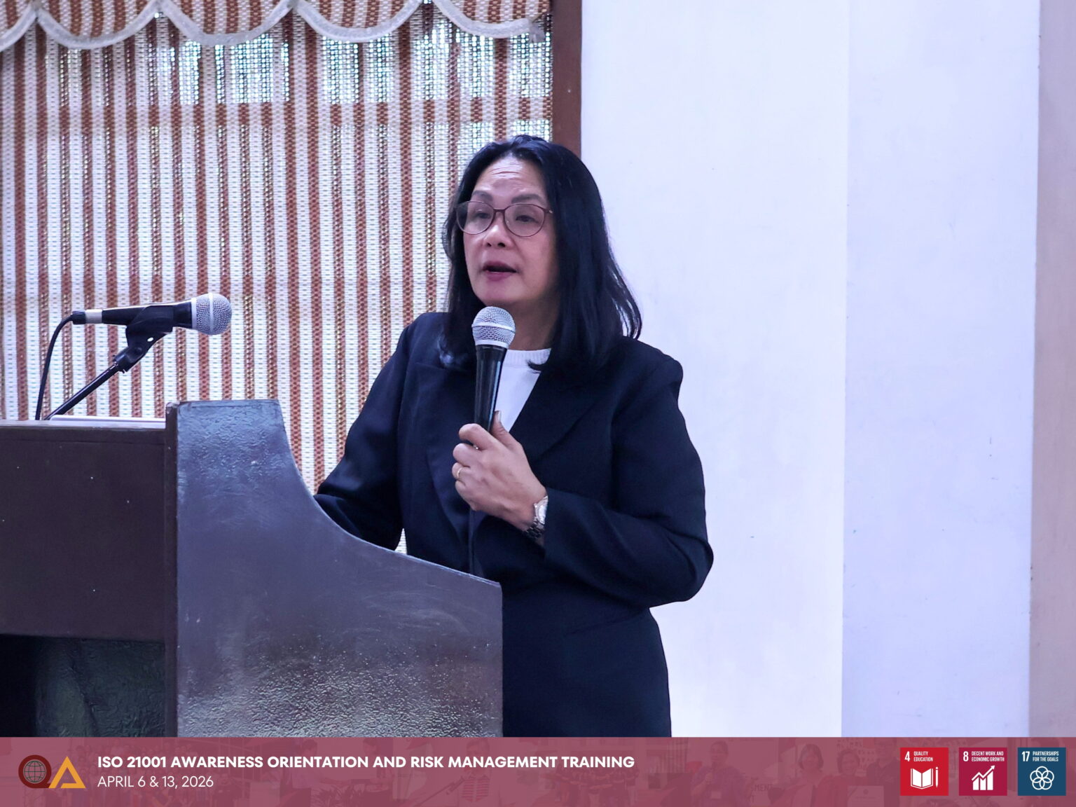 Engr. Margel Albano-Jajurie during her lecture session on ISO 21001 EOMS Awareness Orientation.