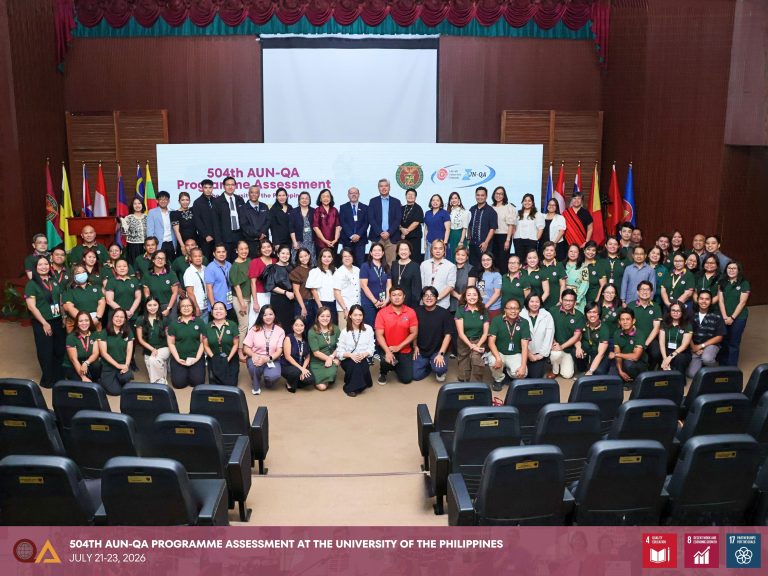 The AUN-QA Assessor Team and UP Diliman officials pose for a photo with representatives of the BS Biology and BS Family Life and Child Development programs during the closing session.