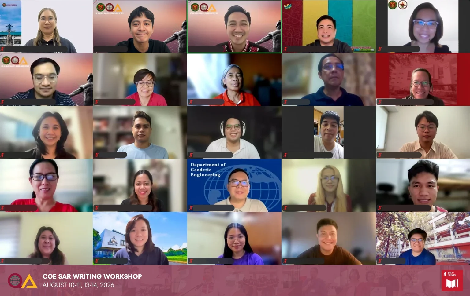 Participants of the Day 1 online session of the CoE SAR Writing Workshop