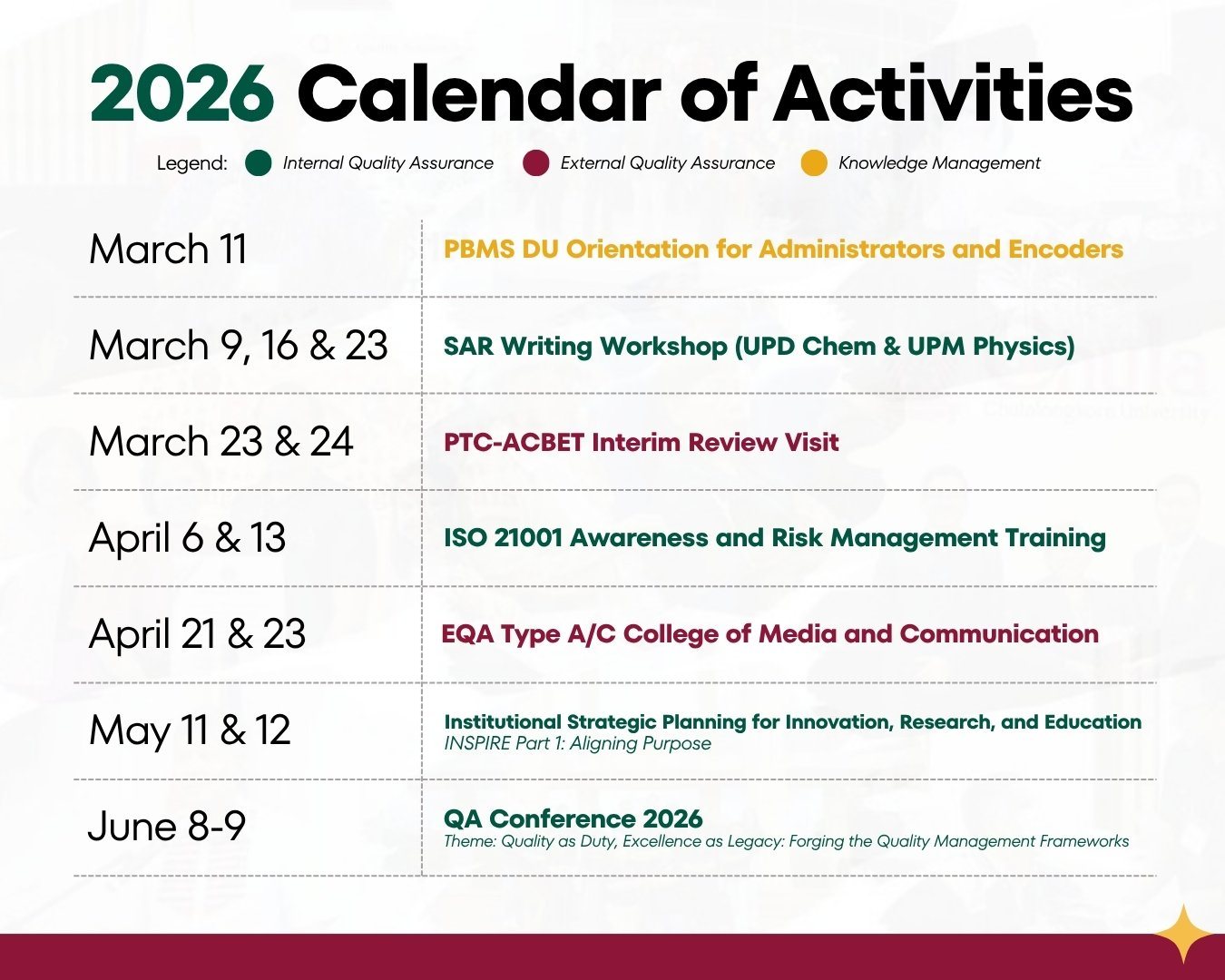 2026 Calendar of Activities, March to June