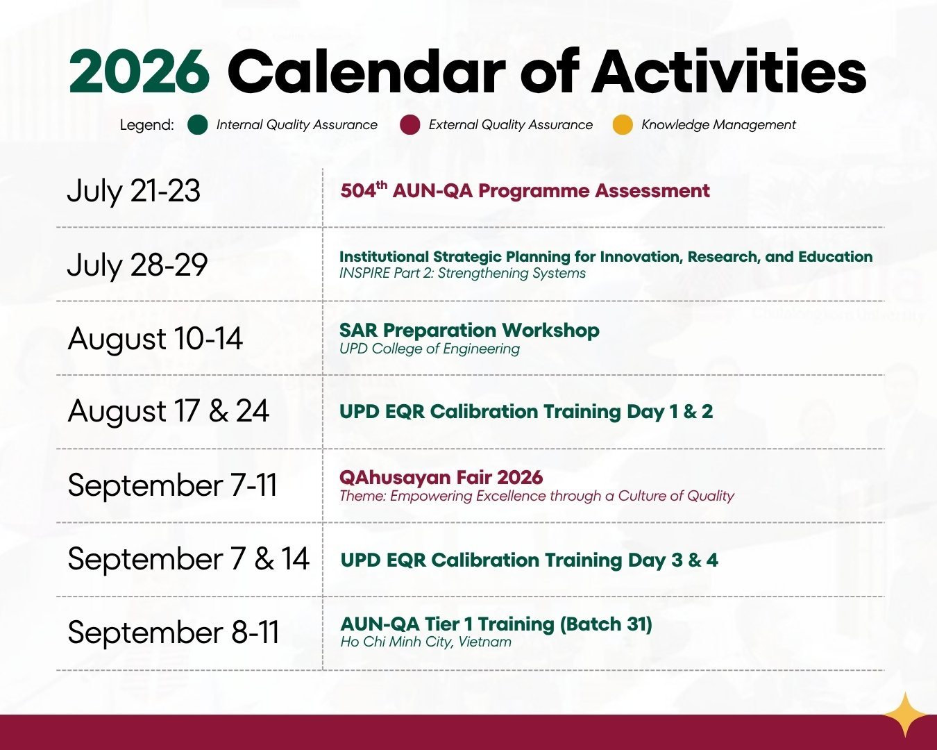 2026 Calendar of Activities, July to September