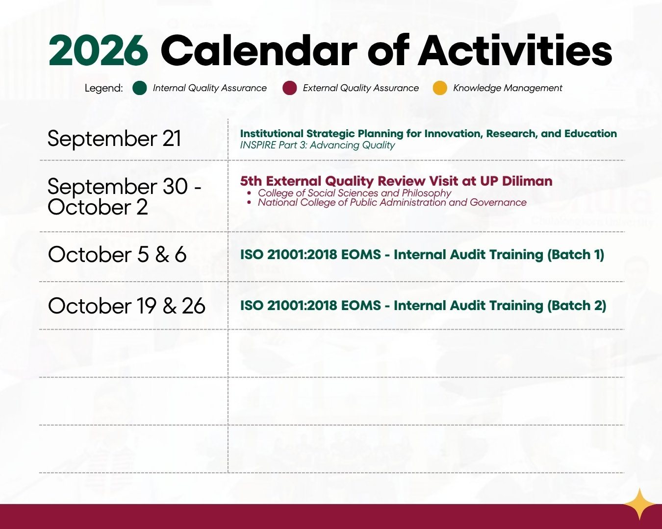 2026 Calendar of Activities, September to October